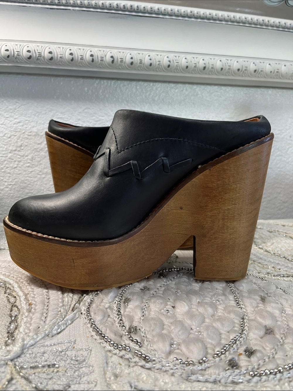 Free People Chance Clogs Black Leather Platform Mules Size 37 Boho Wooden Heel - Picture 5 of 13